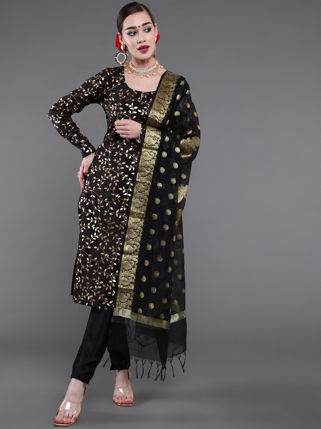 

saubhagya Ethnic Motifs Printed Keyhole Neck Kurta with Trousers & Dupatta, Black