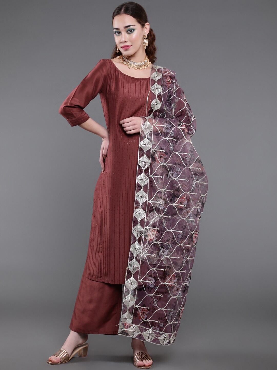 

saubhagya Sequined Straight Kurta with Palazzos & Dupatta, Rust