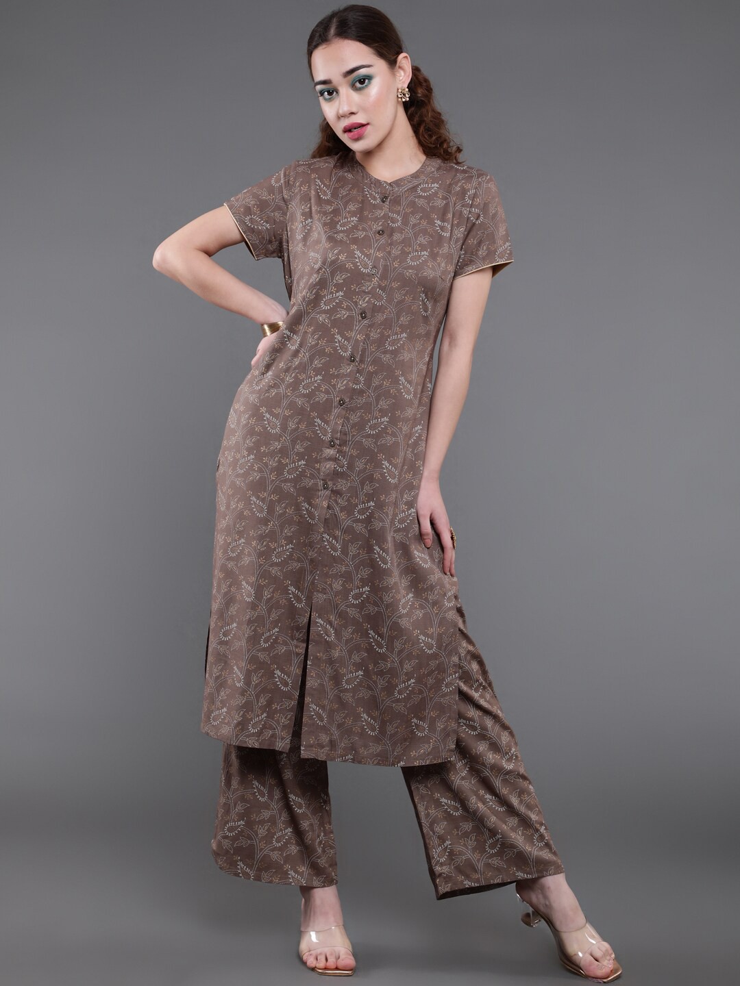 

saubhagya Floral Printed Band Collar Straight Kurta with Palazzos, Brown