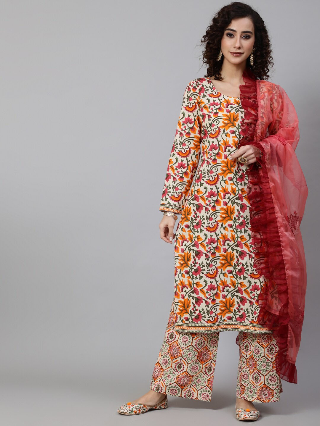 

saubhagya Floral Printed Pure Cotton Kurta with Palazzos & Dupatta, Cream