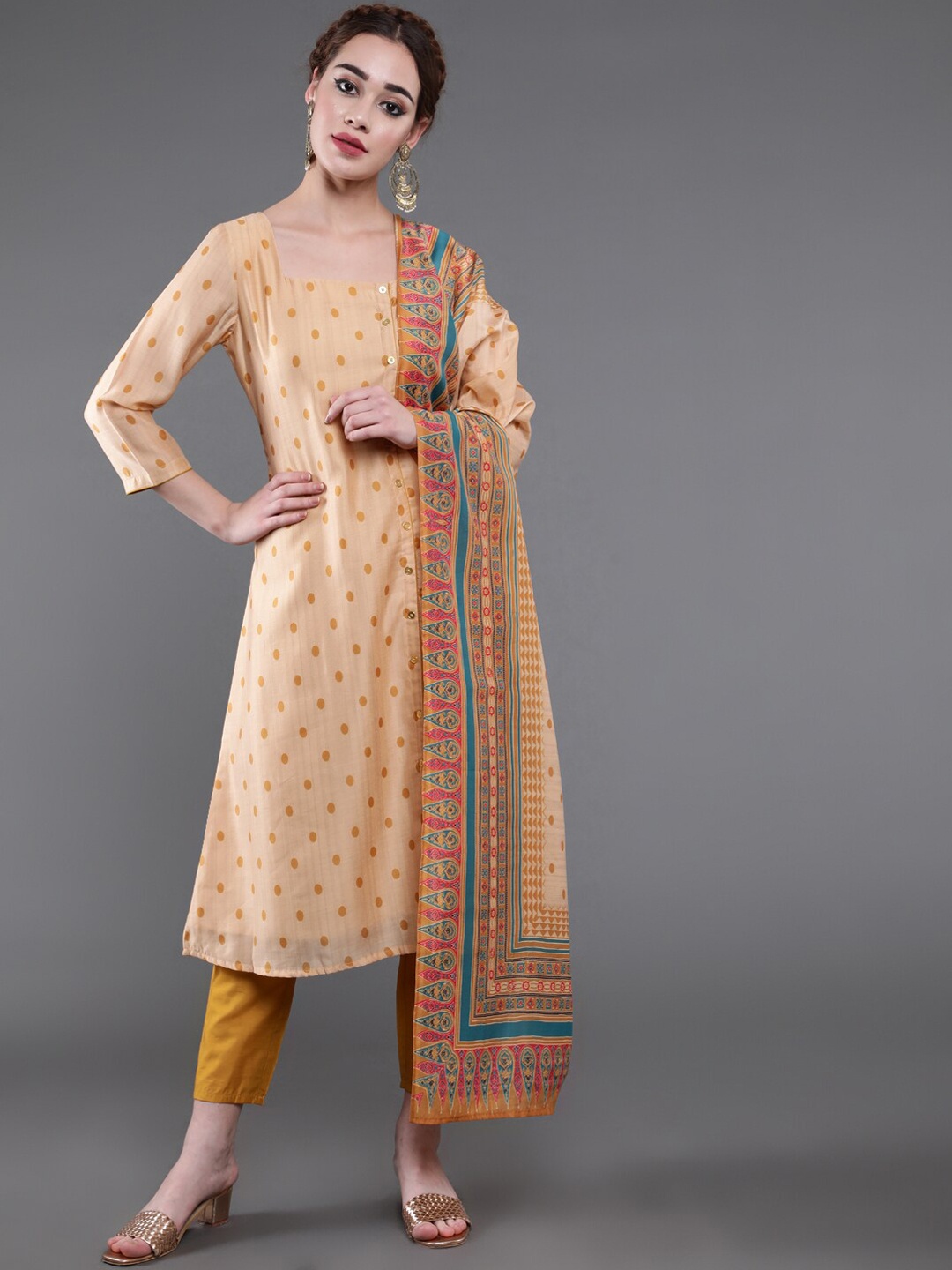 

saubhagya Printed Square Neck A-Line Kurta with Trousers & Dupatta, Cream