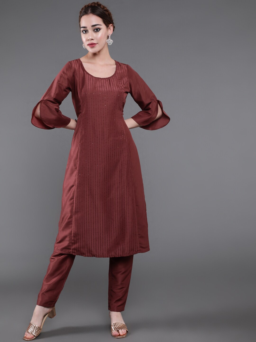 

saubhagya Striped Embroidered Sequinned Straight A-line Kurta with Trousers, Brown
