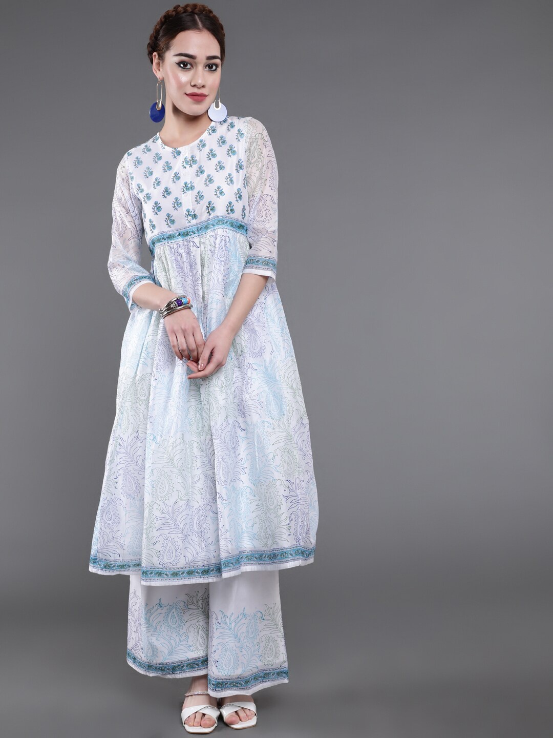 

saubhagya Ethnic Motif Printed Block Print A-Line Kurta with Palazzos, White