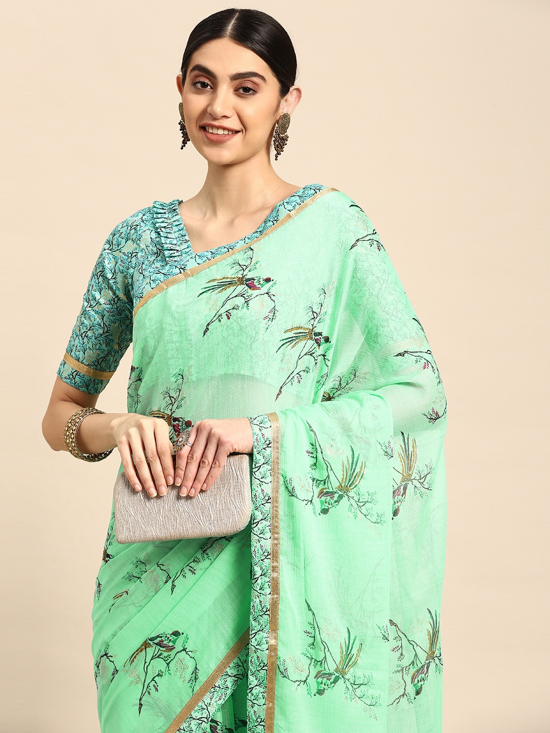 

Mitera Floral Printed Pure Chiffon Saree, Teal