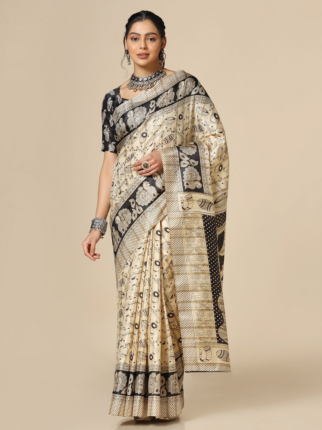 

KALINI Ethnic Motifs Silk Blend Saree, Black