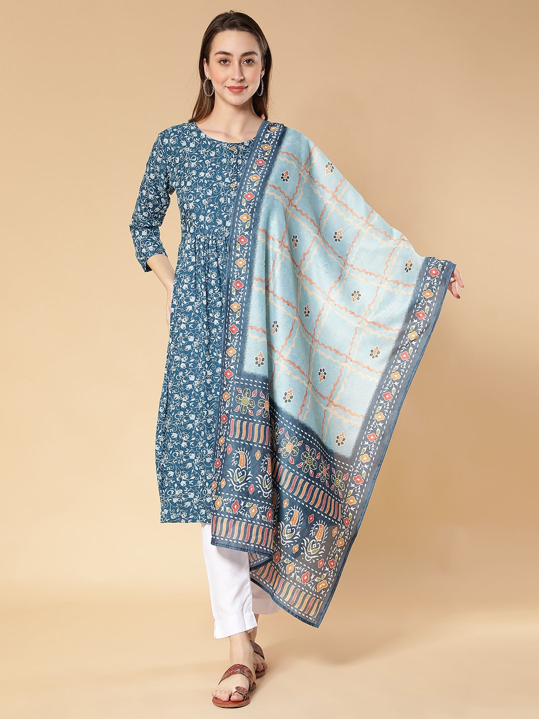 

Fabclub Ethnic Motifs Printed Thread Work Kurta With Dupatta, Blue