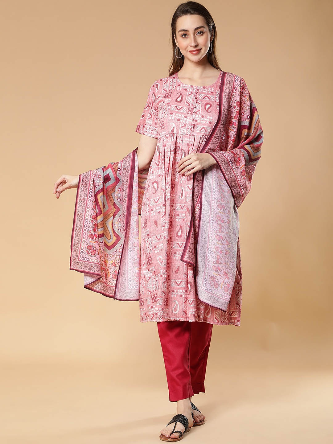 

Fabclub Ethnic Motifs Printed A-Line Kurta With Dupatta, Pink