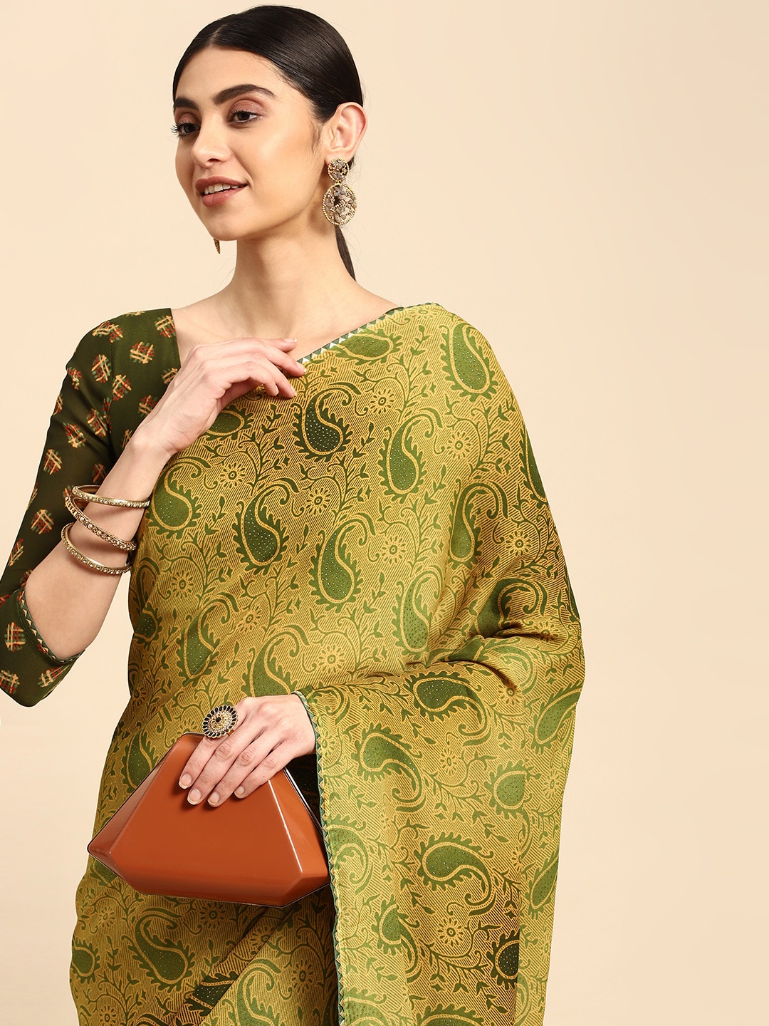 

Mitera Paisley Printed Poly Crepe Saree, Lime green