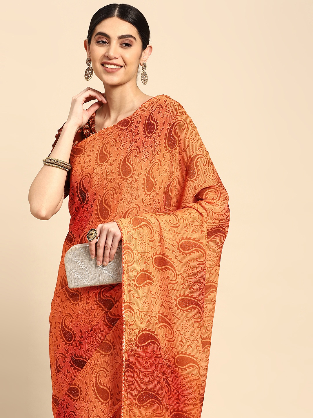 

Mitera Paisley Printed Poly Crepe Saree, Orange