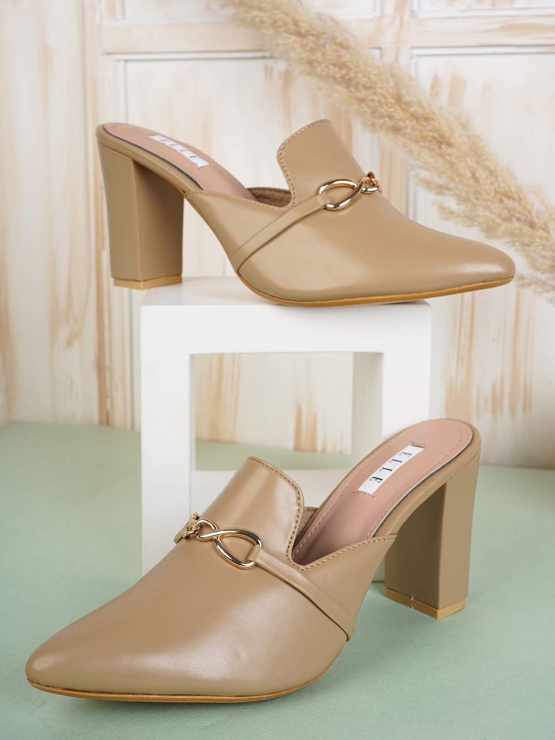 

ELLE Women Pointed Toe Block Mules, Beige