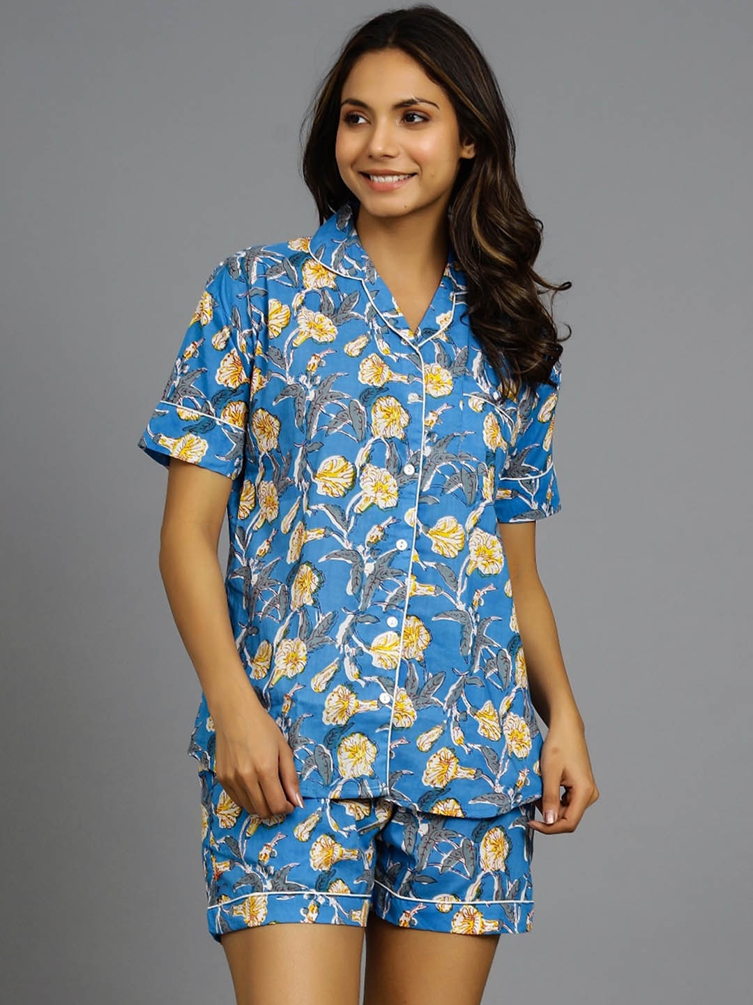 

HANDICRAFT PALACE Floral Printed Pure Cotton Night Suit, Turquoise blue