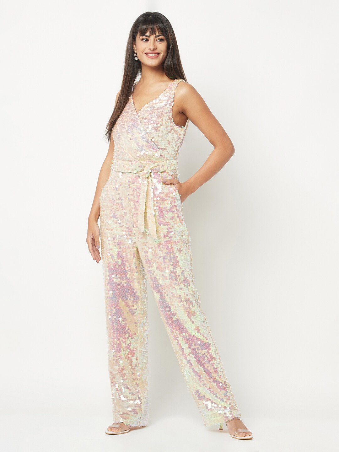 

HOUSE OF S V-Neck Sleeveless Basic Jumpsuit with Embellished, White