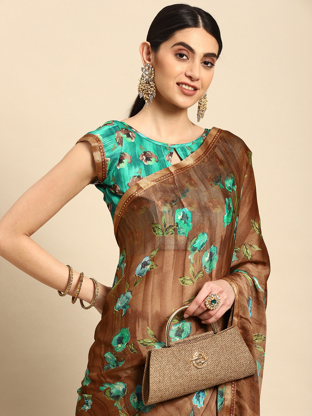 

Mitera Floral Printed Pure Chiffon Saree, Brown