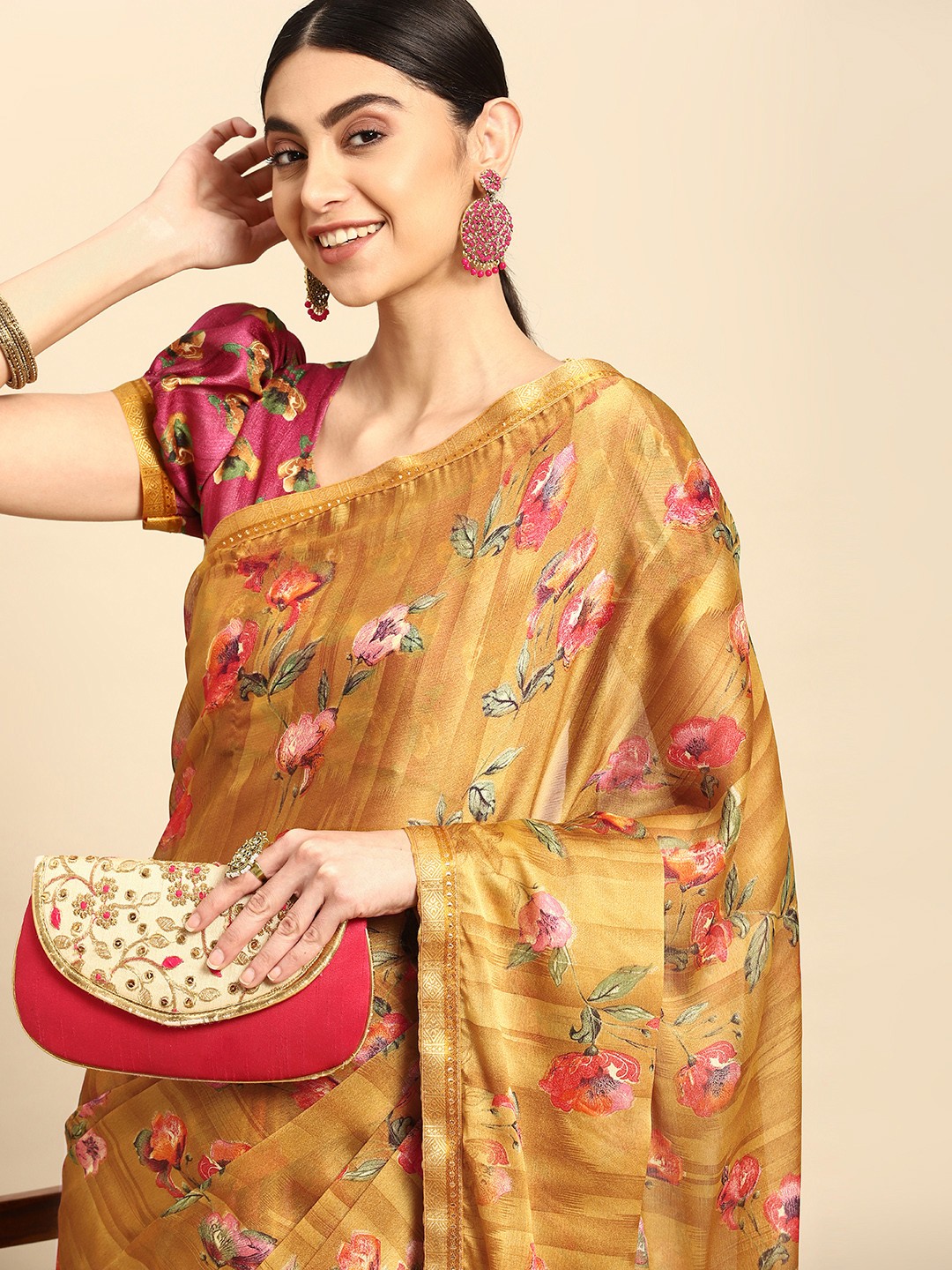 

Mitera Floral Printed Pure Chiffon Saree, Mustard