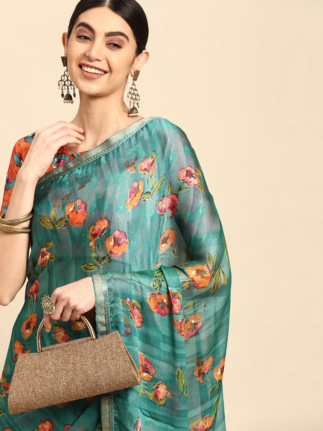 

Mitera Floral Printed Pure Chiffon Saree, Teal
