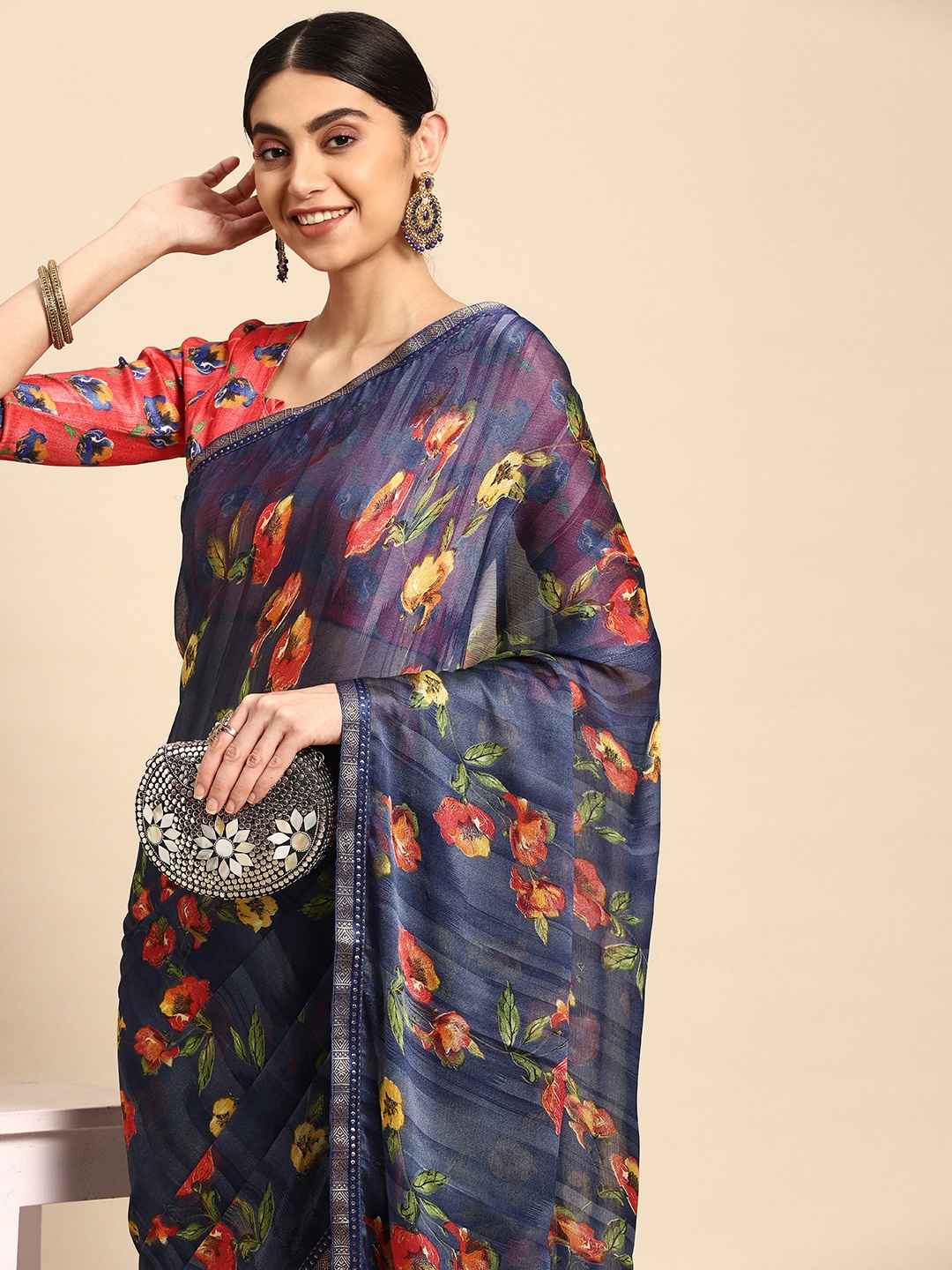 

Mitera Floral Pure Chiffon Saree, Navy blue
