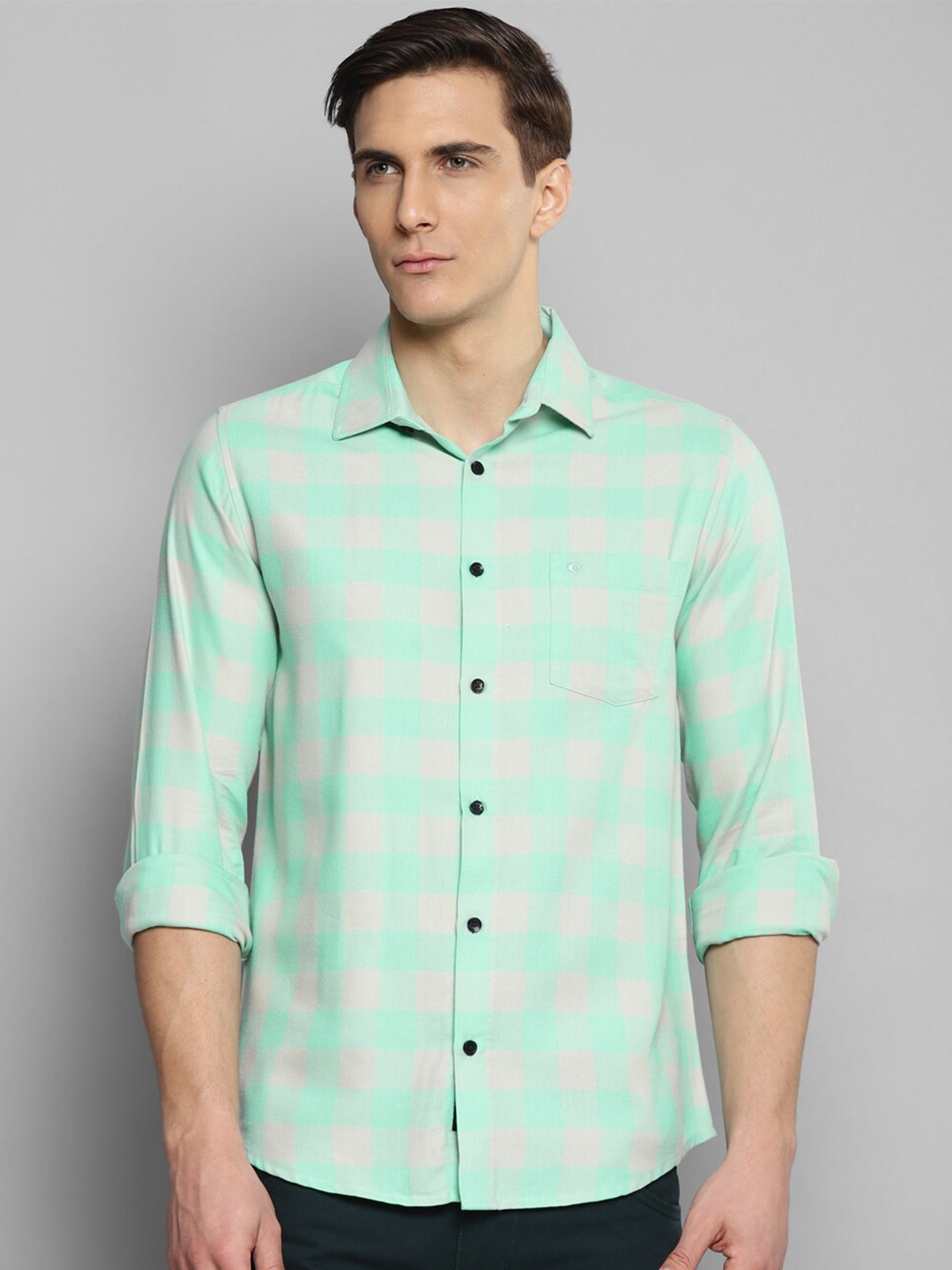 

Allen Cooper Smart Slim Fit Twill Windowpane Checked Casual Shirt, Green