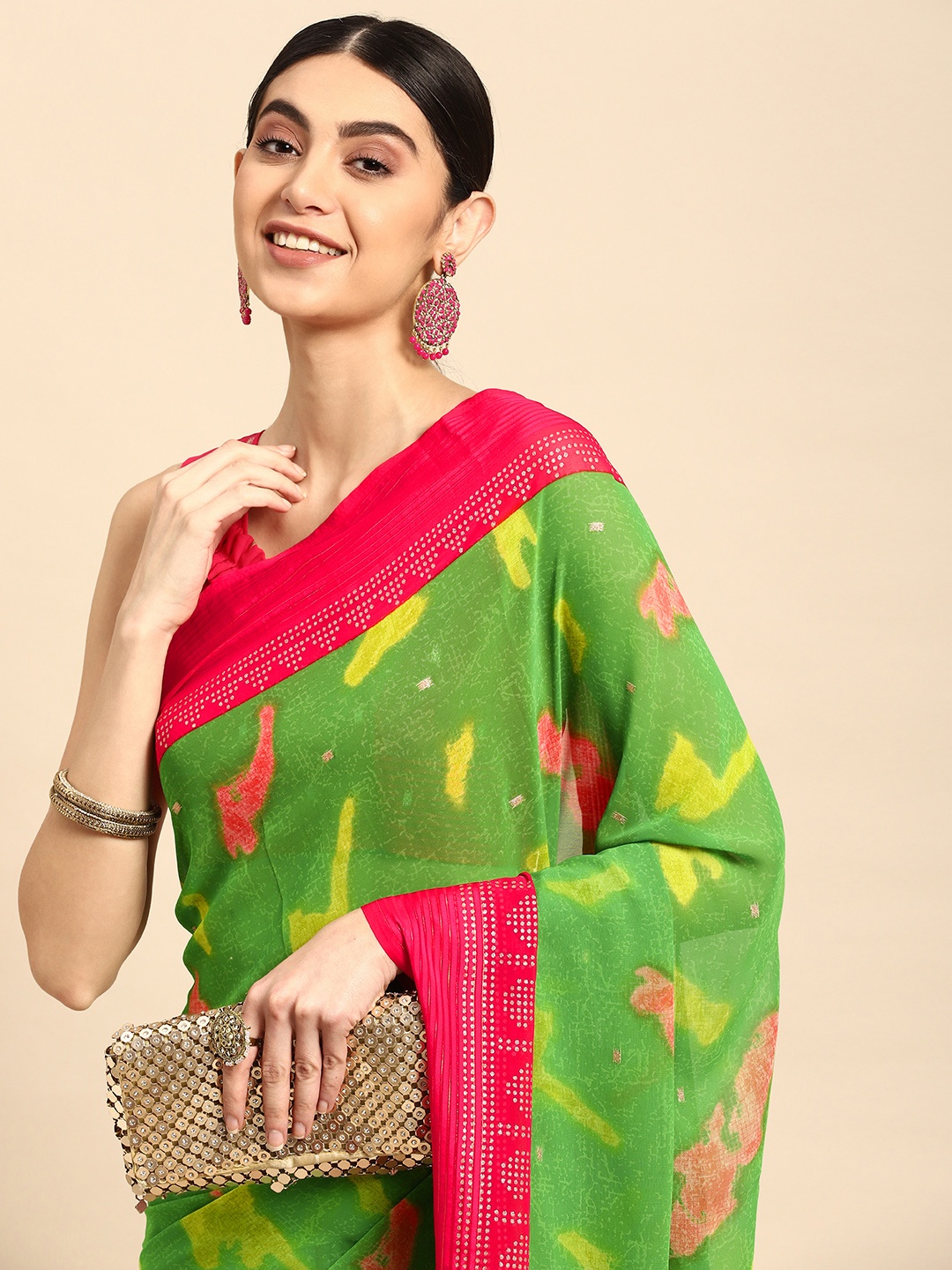 

Mitera Printed Pure Chiffon Saree, Lime green