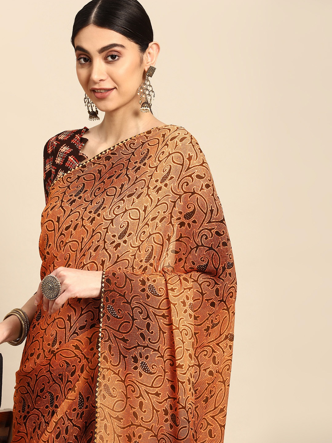 

Mitera Floral Gotta Patti Poly Crepe Saree, Brown