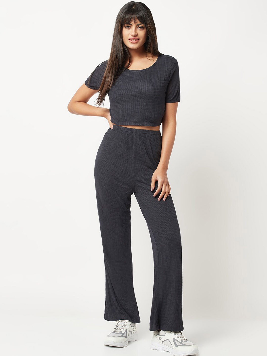 

HOUSE OF S Textured Short Sleeves Crop Top with Trousers Co-Ord Set, Charcoal