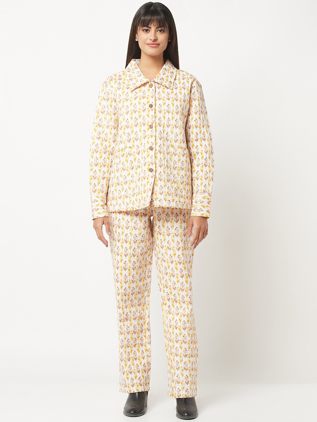 

HOUSE OF S Floral Printed Shirt Collar Top With Trousres, Yellow