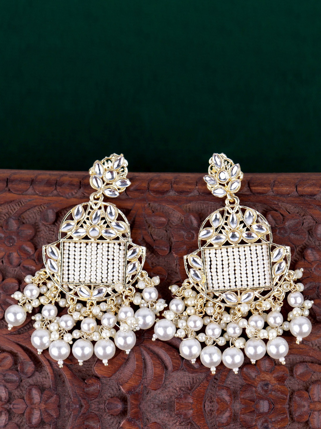 

VAGHBHATT Gold-Plated Kundan Contemporary Chandbalis Earrings, White