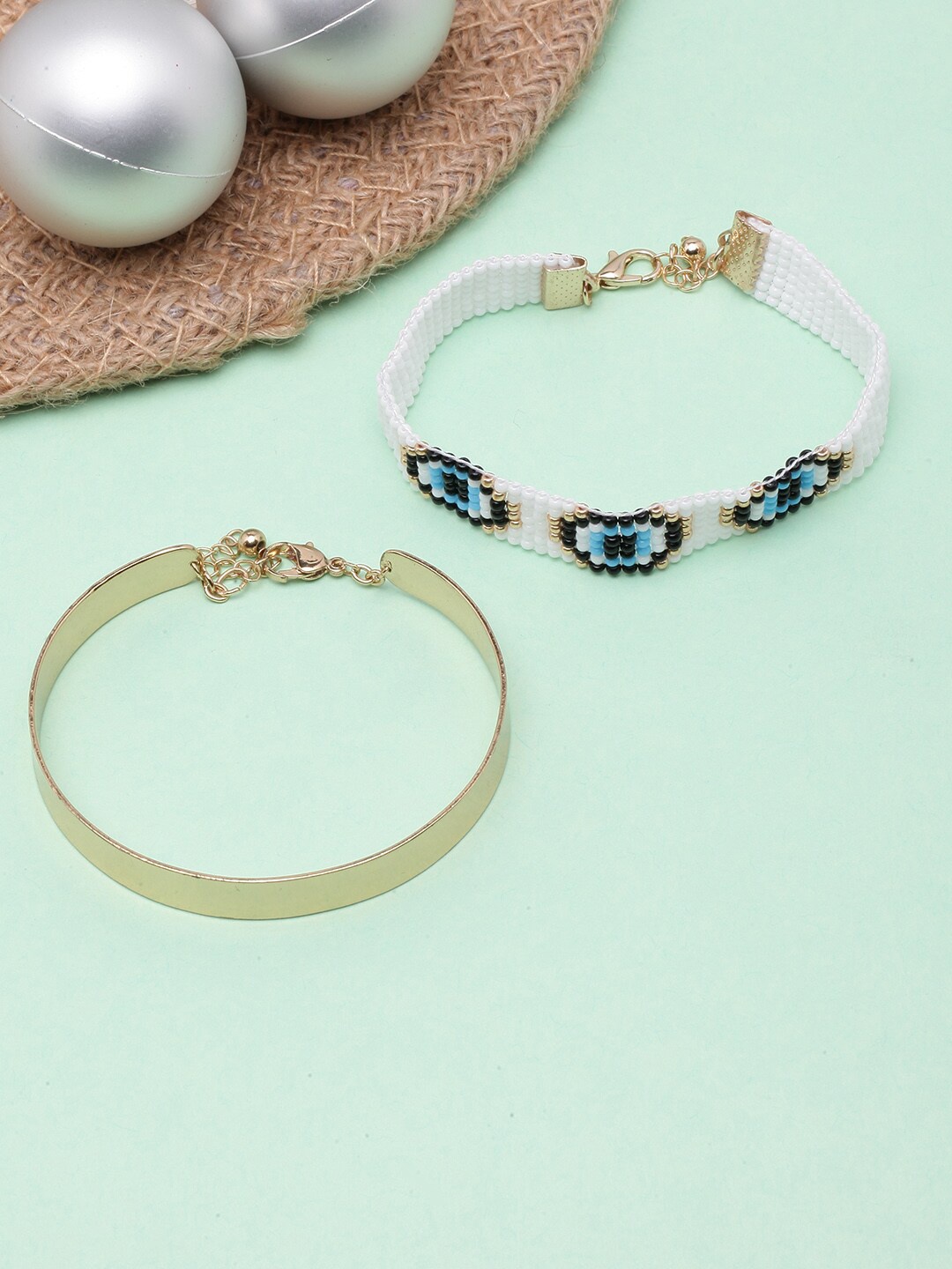 

DressBerry Set Of 2 Gold-Plated Beaded Evil-Eye Kada Bracelets, White