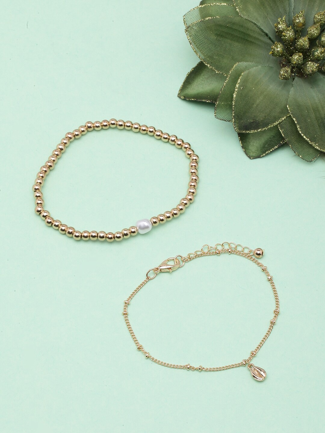 

DressBerry Set Of 2 Gold-Plated Beaded Charm Bracelets, White