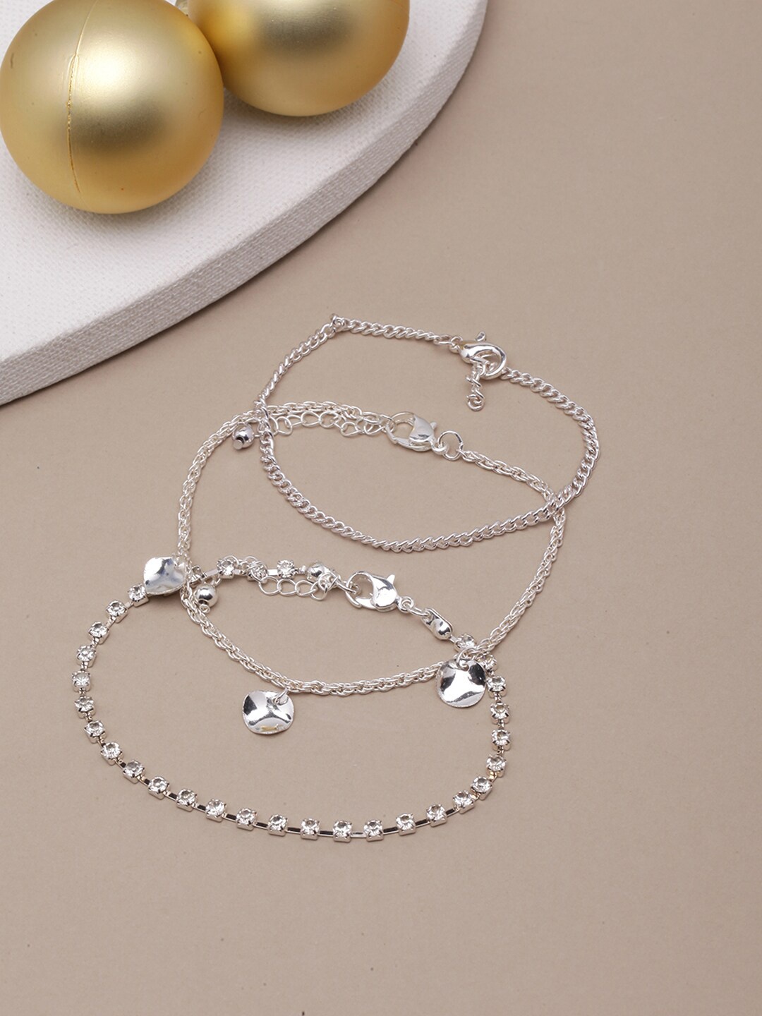 

DressBerry Set Of 3 Silver-Plated Stone-Studded Charm Bracelets, White