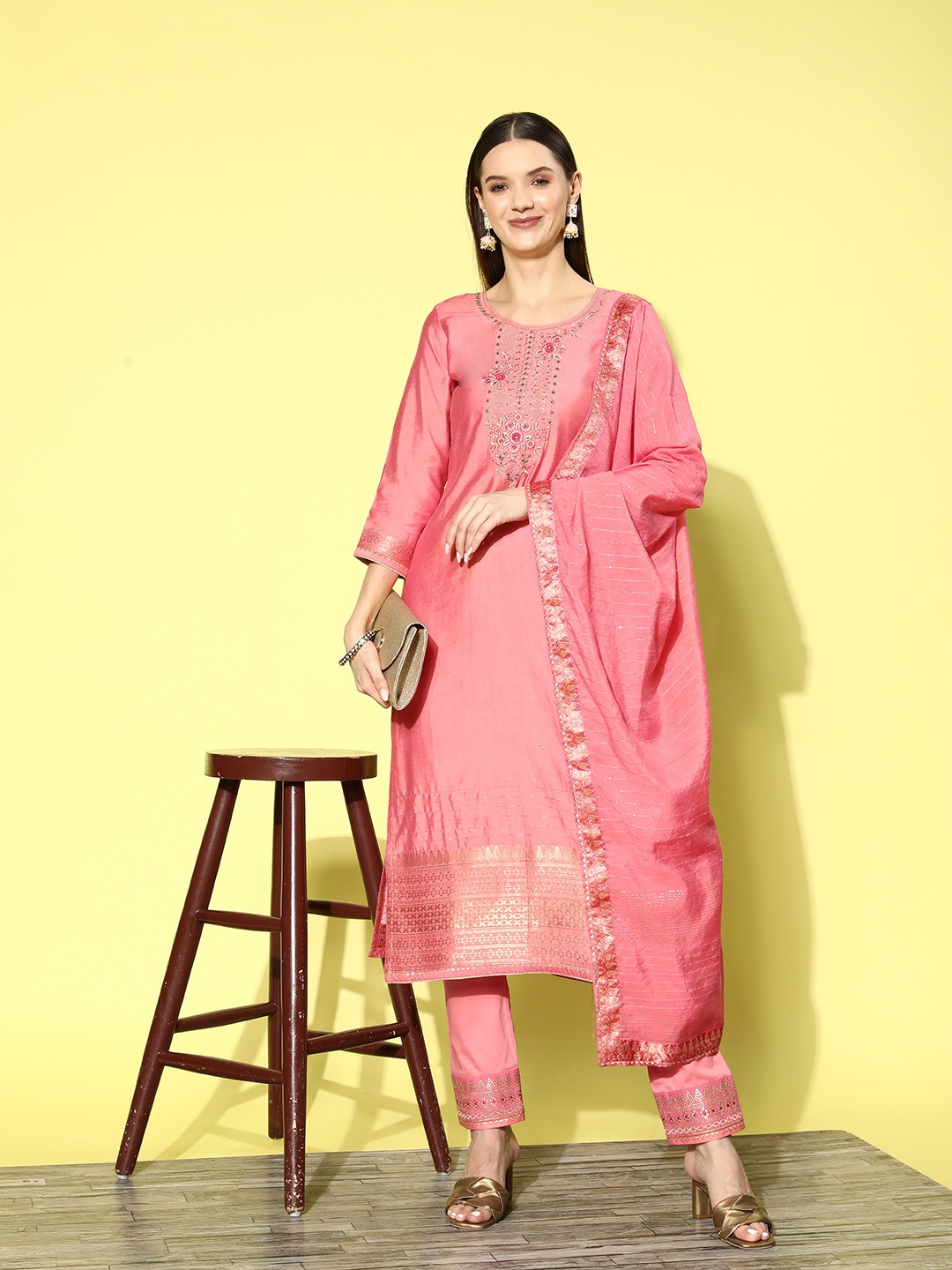 

Sangria Women Pink Floral Regular Kurta with Trousers & With Dupatta