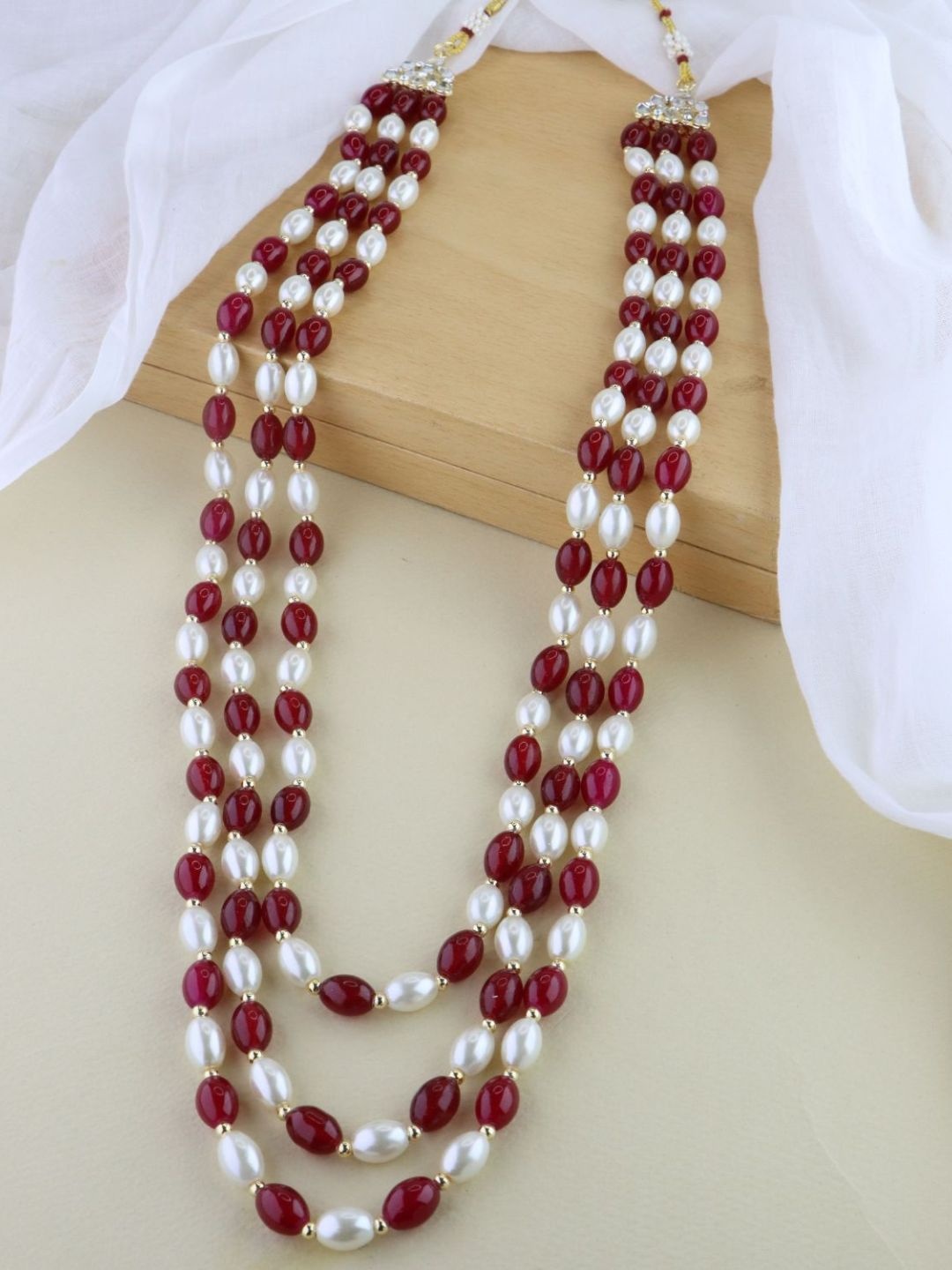 

I Jewels Men Gold-Plated Stone Studded & Beaded Layered Necklace, Red