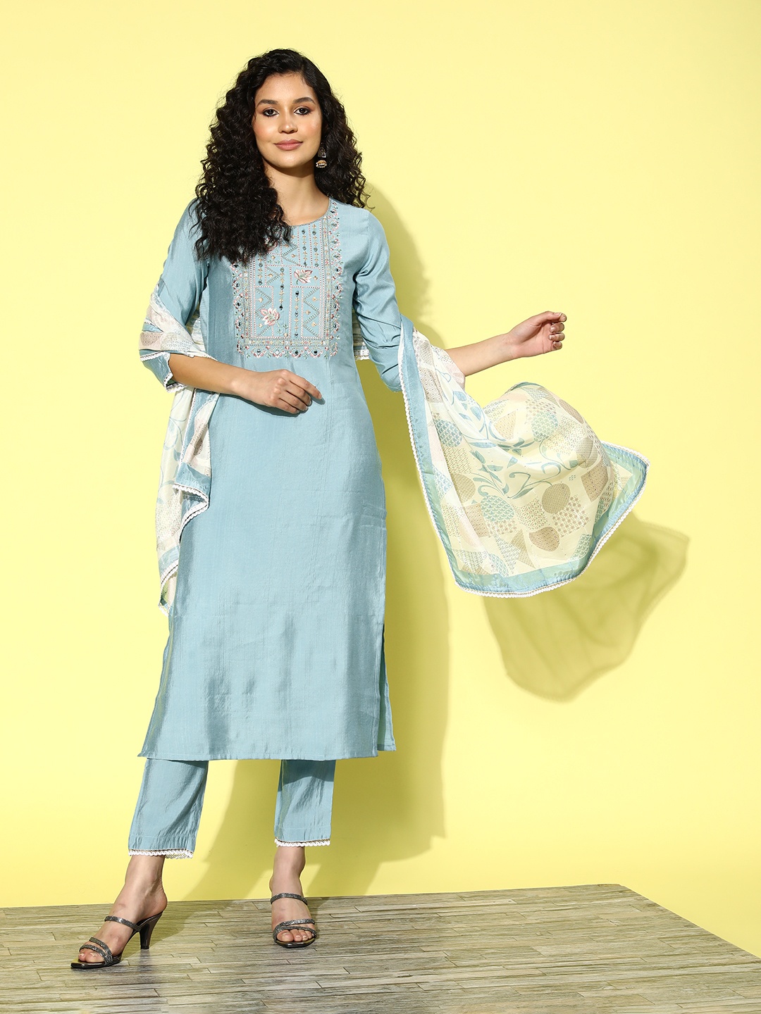 

Sangria Women Blue Floral Embroidered Regular Mirror Work Kurta with Trousers & With Dupatta