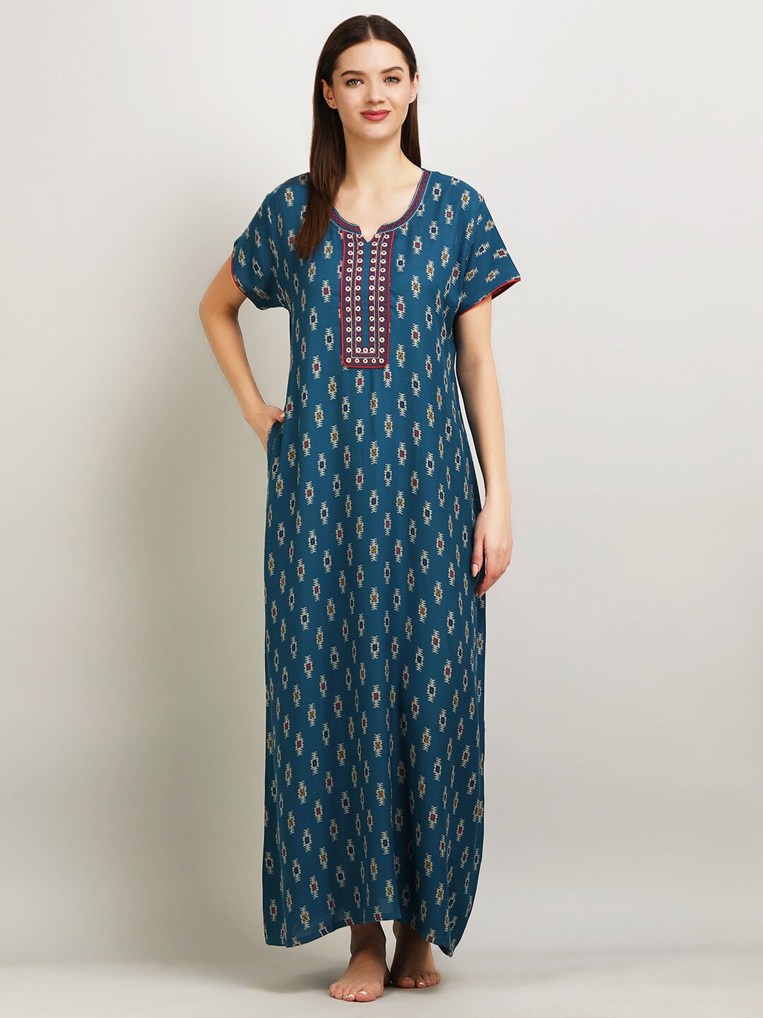 

KOI SLEEPWEAR Ethnic Motifs Printed Maxi Nightdress, Blue