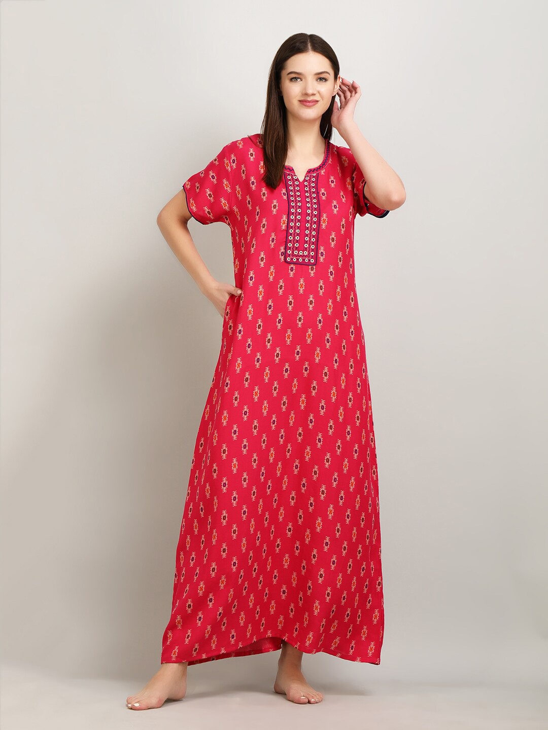 

KOI SLEEPWEAR Ethnic Motifs Printed Maxi Nightdress, Red