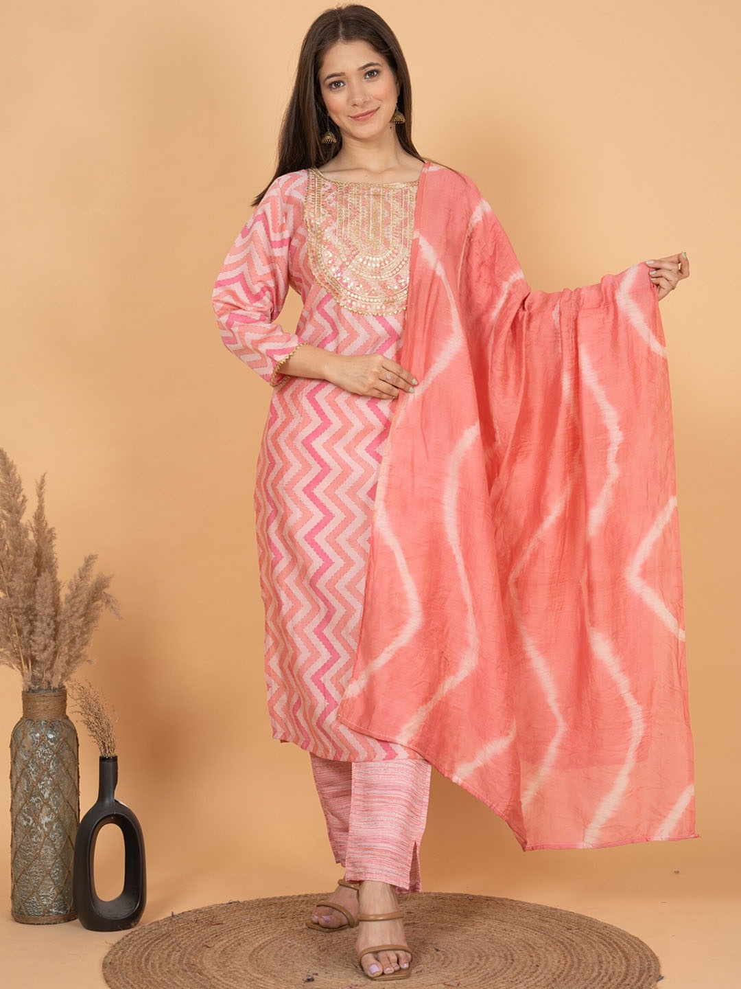 

Sitaram Designer Chevron Printed Thread Work Foil Kurta with Trousers & Dupatta, Pink