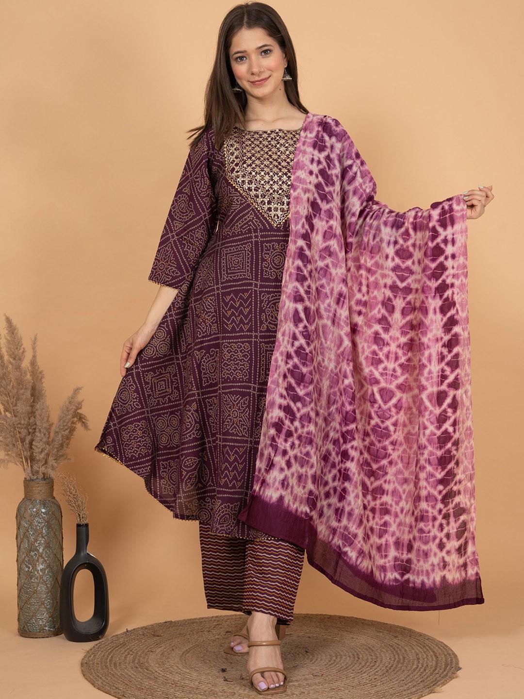 

Sitaram Designer Bandhani Printed Sequined A-Line Kurta with Palazzos & Dupatta, Maroon