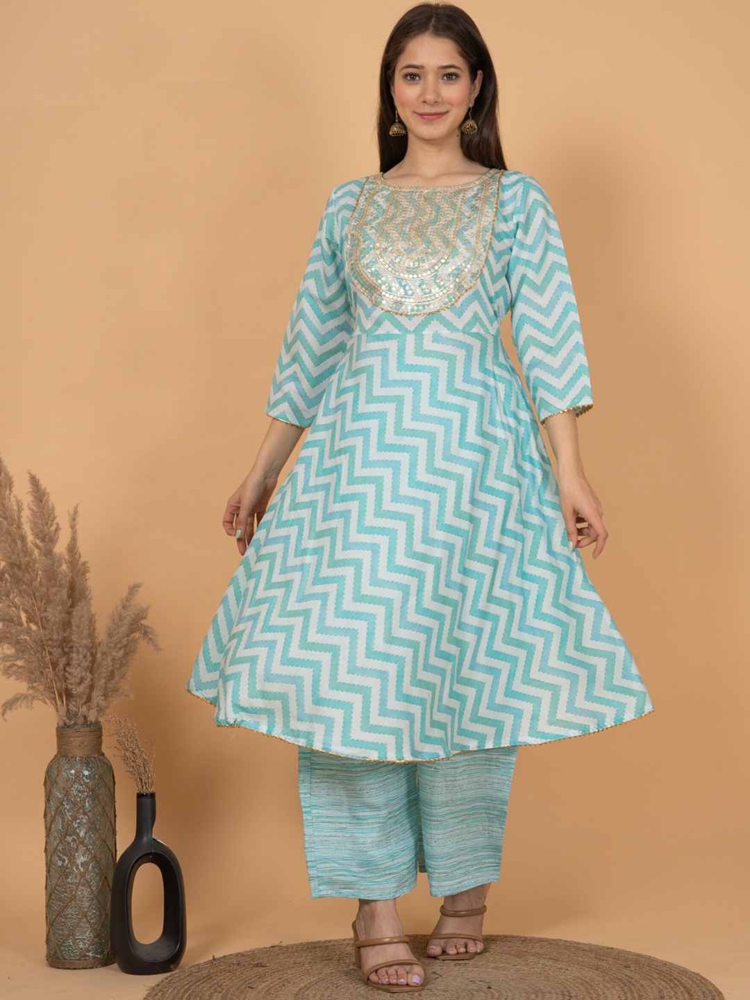 

Sitaram Designer Chevron Printed Thread Work Kurta With Palazzos & Dupatta, Blue