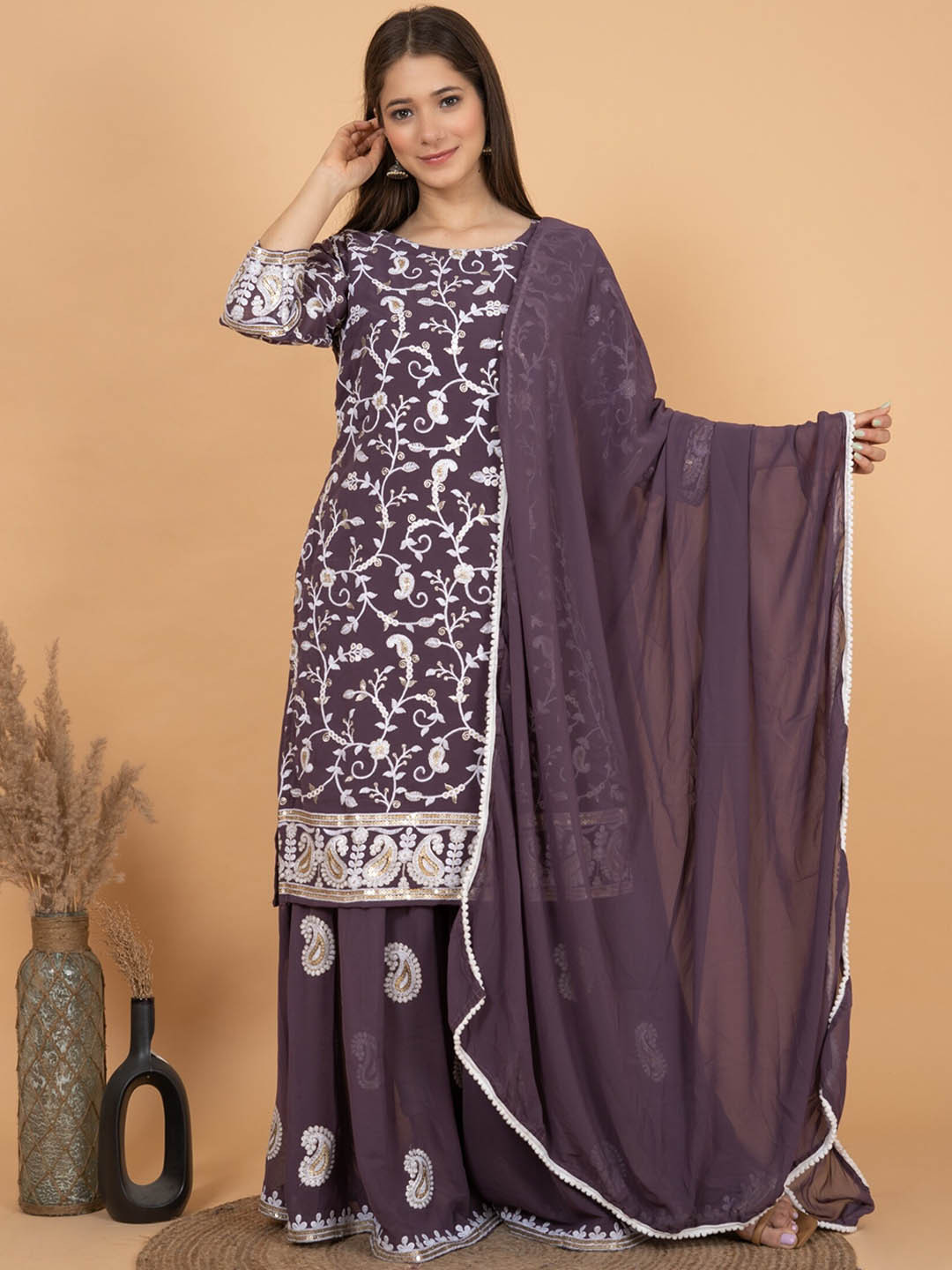 

Sitaram Designer Ethnic Motifs Embroidered Sequined Georgette Kurta with Sharara & Dupatta, Purple