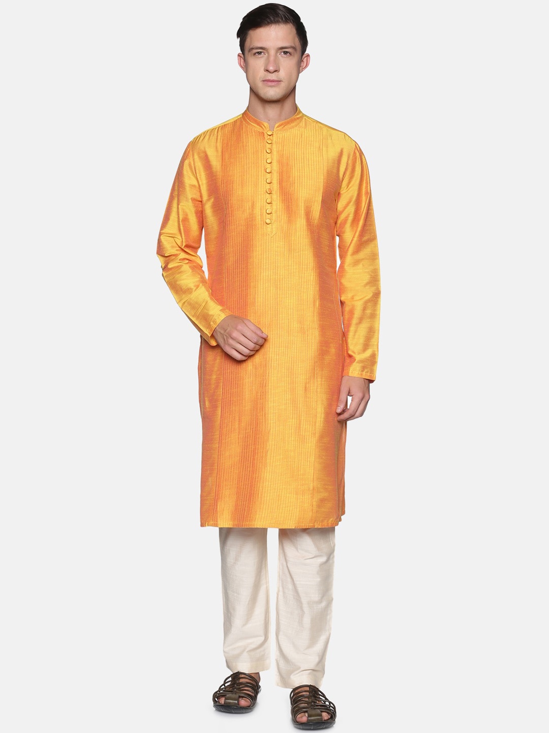 

Saffron Threads Mandarin Collar Pleated Kurta, Mustard