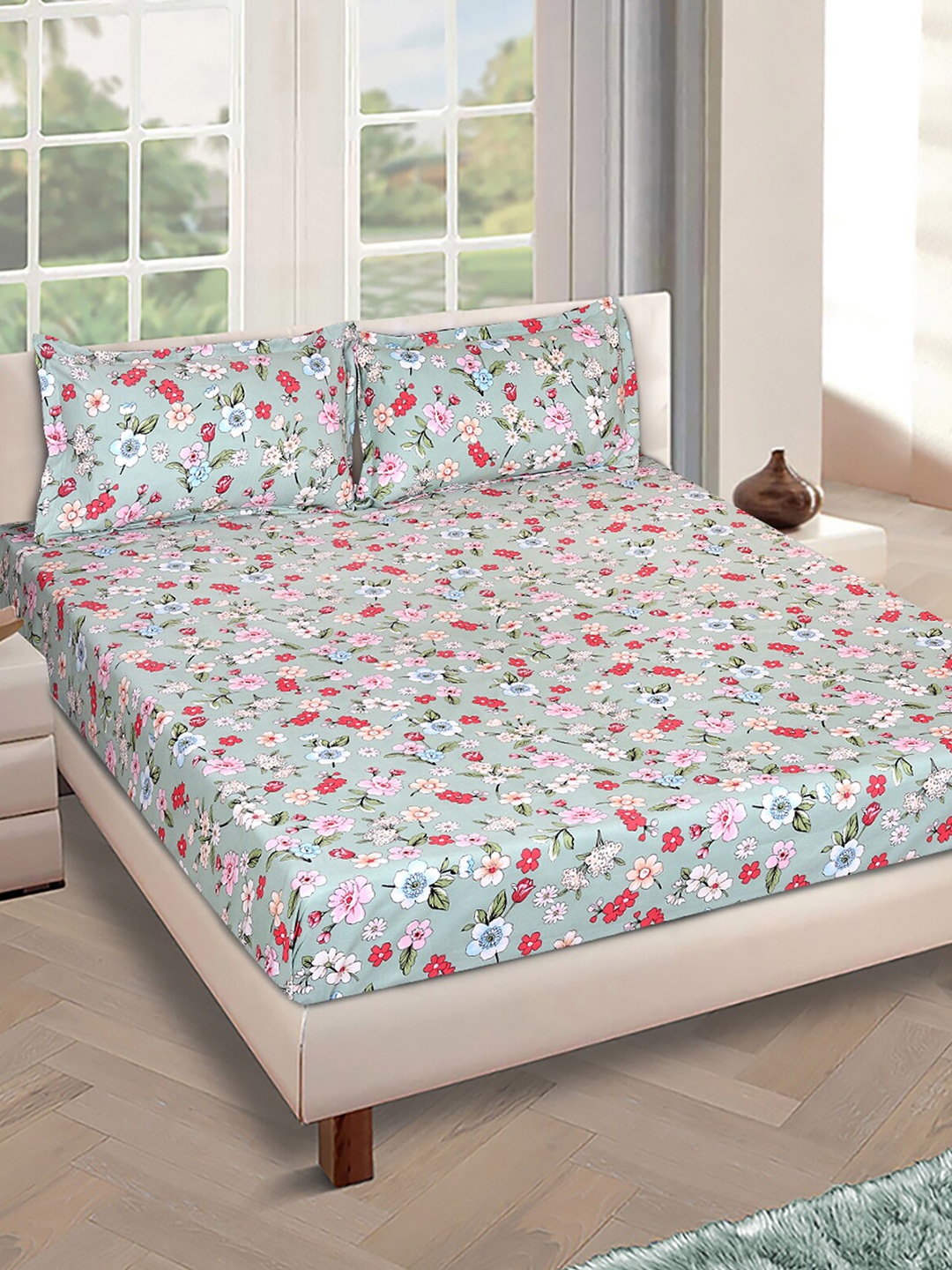 

ROMEE Green & Pink Floral 186 TC King Bedsheet with 2 Pillow Covers