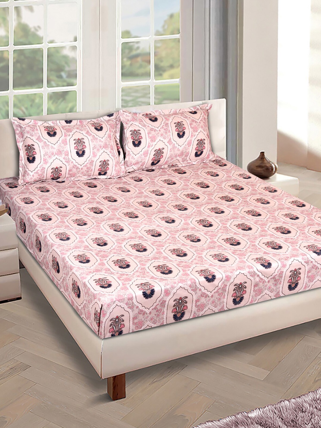 

ROMEE Beige & Pink Floral 186 TC King Bedsheet with 2 Pillow Covers