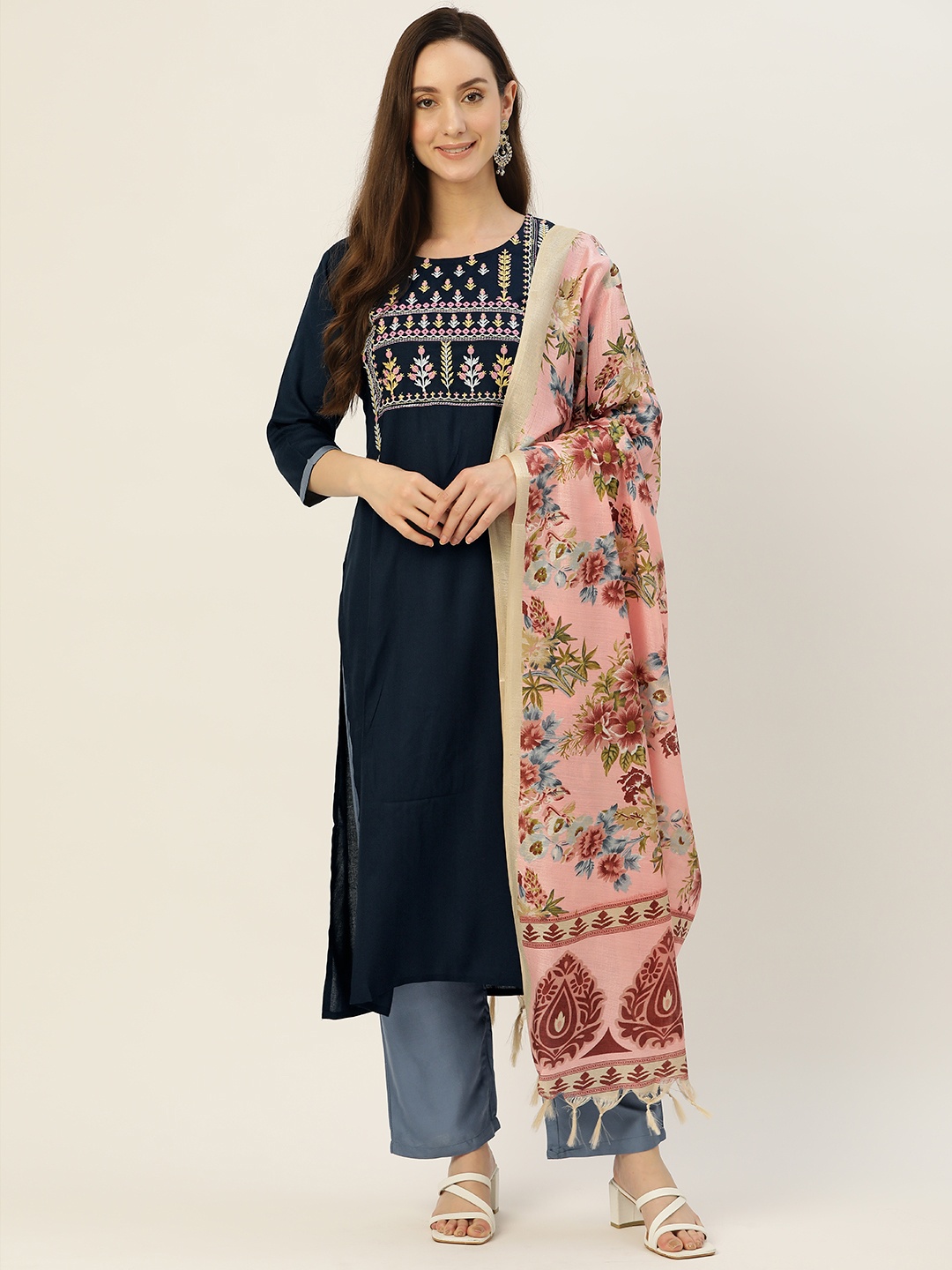 

SILVER STOCK Women Navy Blue Ethnic Motifs Embroidered Regular Kurta with Palazzos & With Dupatta