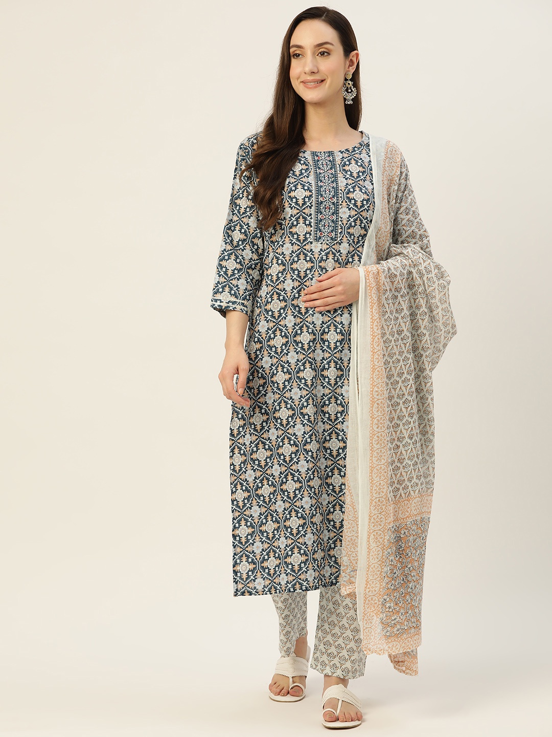 

SILVER STOCK Floral Printed Regular Pure Cotton Kurta with Palazzos & With Dupatta, Navy blue