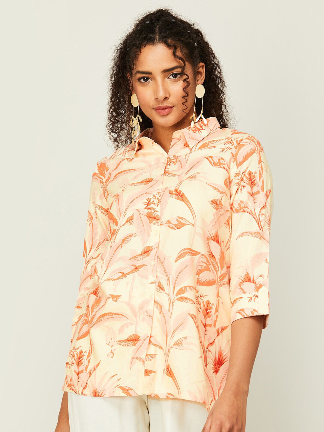 

Melange by Lifestyle Floral Printed Mandarin Collar Shirt Style Top, Orange