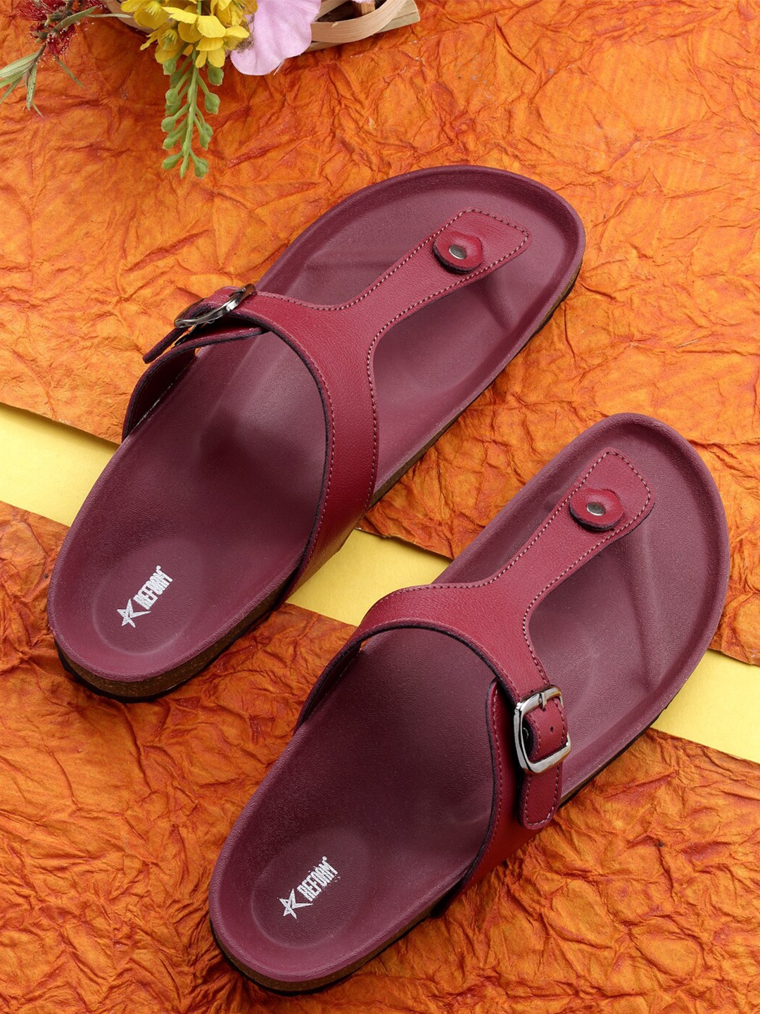 

REFOAM Buckled T-Strap Flats, Maroon