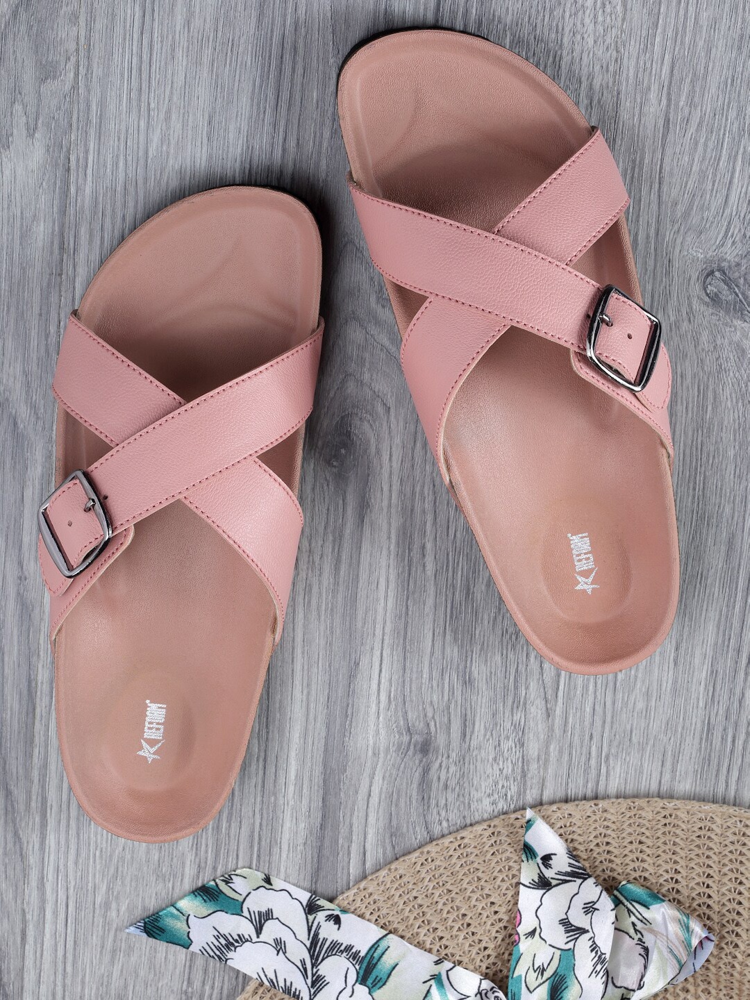 

REFOAM Cross Straps Buckled Open Toe Flats, Pink