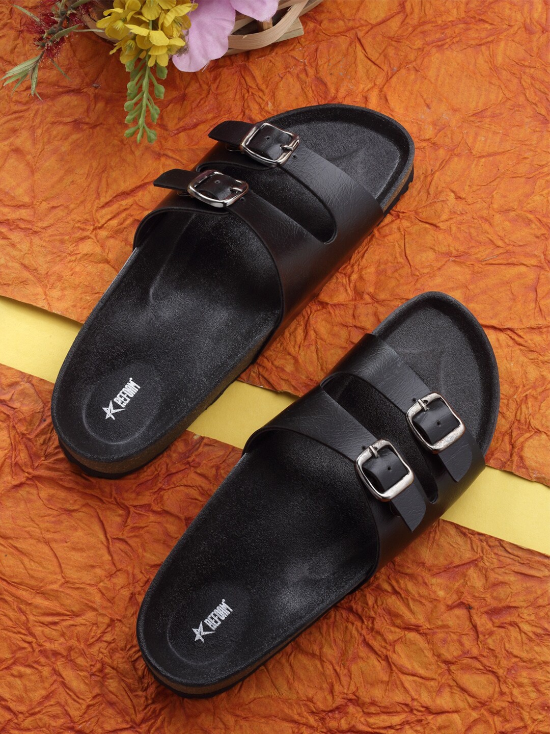 

REFOAM Women Synthetic Leather Casual Open Toe Flats With Buckles, Black