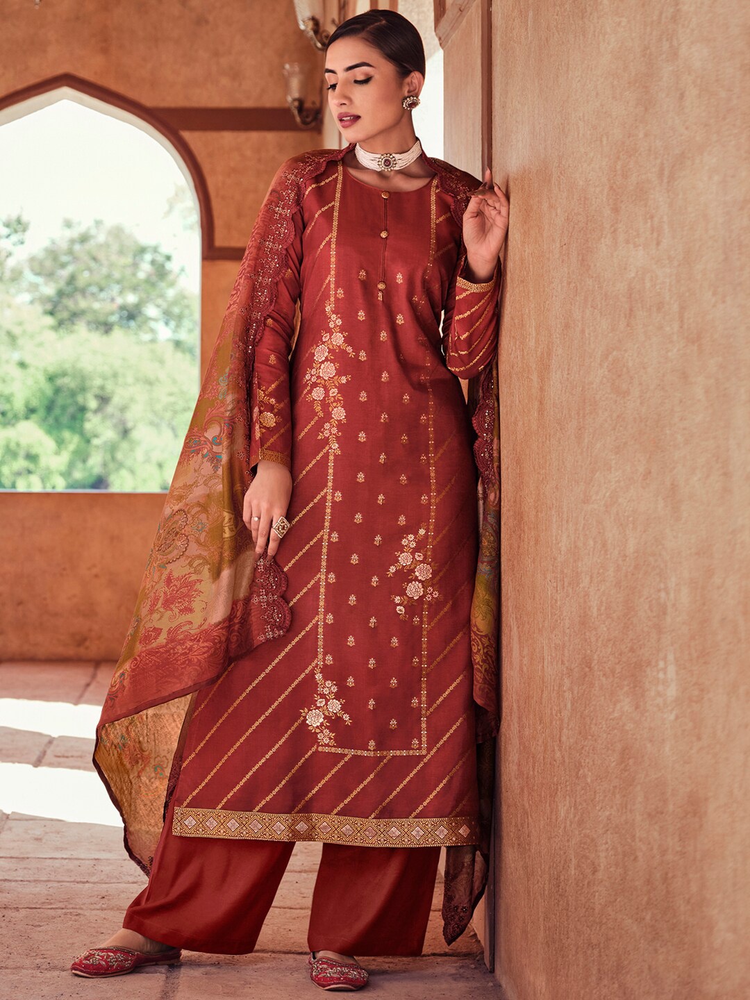 

Stylee LIFESTYLE Ethnic Motifs Embroidered Sequineed Pure Silk Unstitched Dress Material, Rust