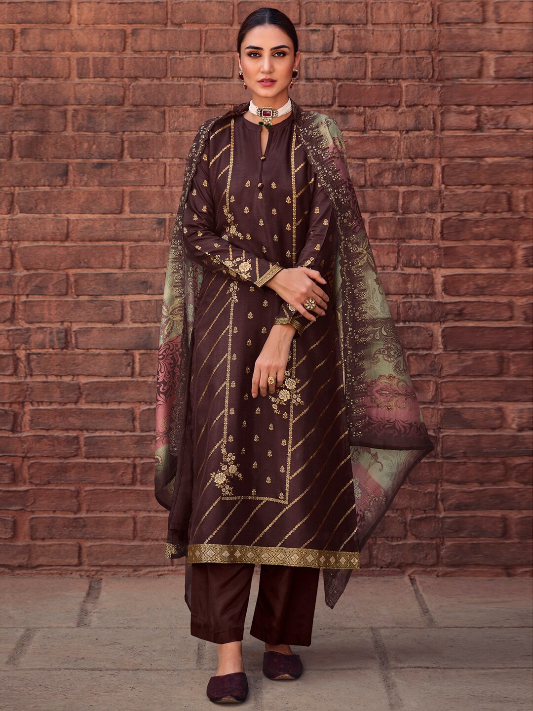 

Stylee LIFESTYLE Embroidered Sequinned Pure Silk Unstitched Dress Material, Brown