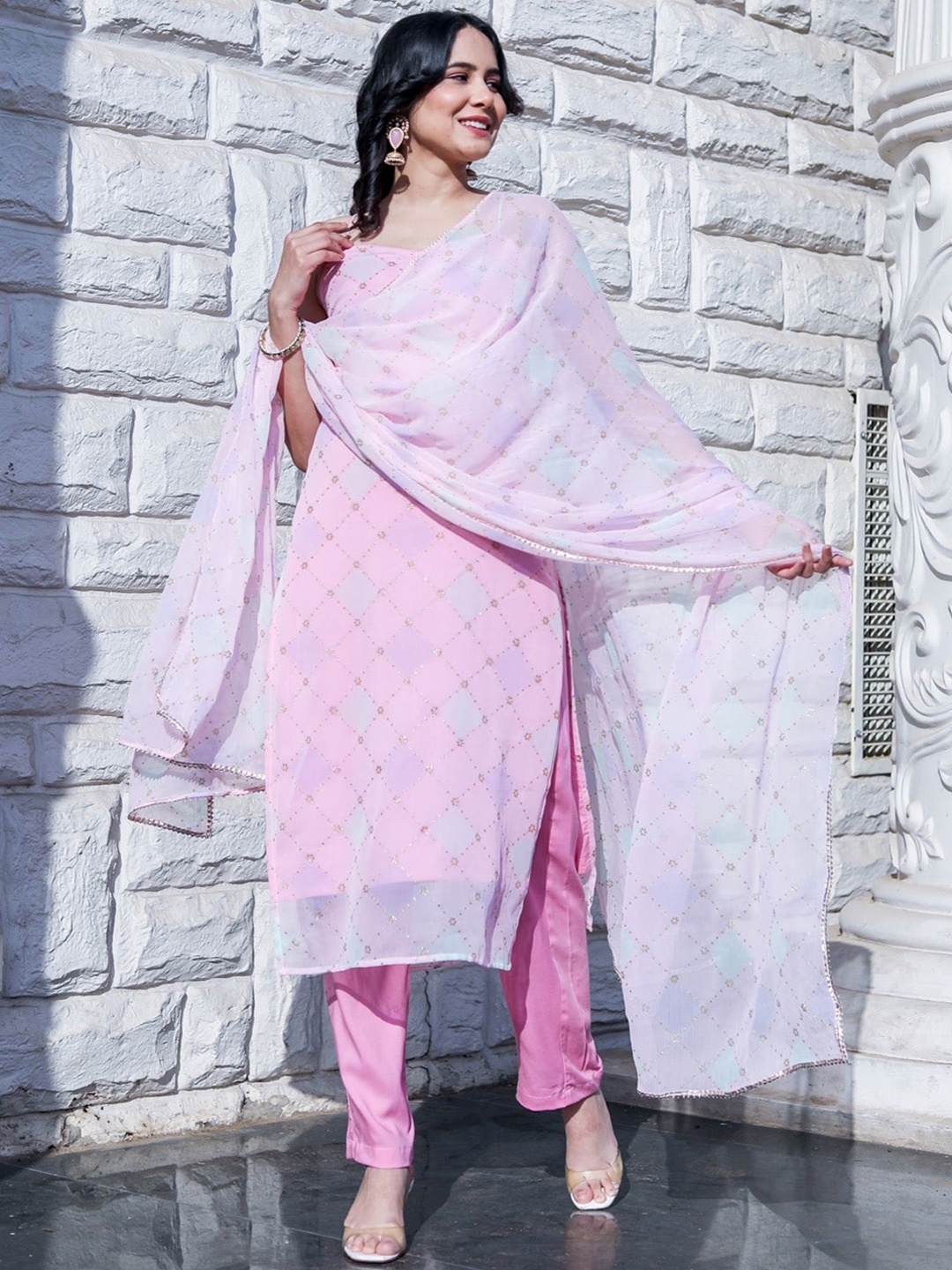 

Thread & Button Printed Shoulder Strap Kurta with Trousers & Dupatta, Pink